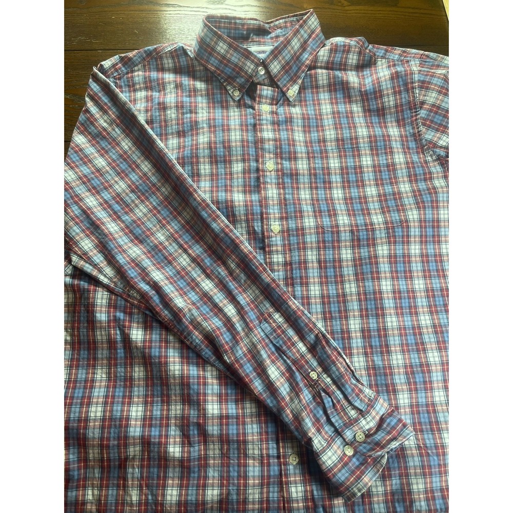 Brooks Brothers 1818 Button Down Shirt Mens Large Red White Blue Plaid Cotton LS